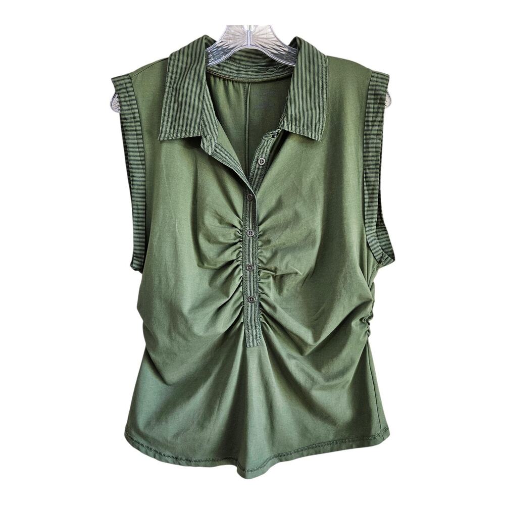 ANTHROPOLOGIE Pilcro XL Varsity Polo Top Olive Ruched Sleeveless Preppy 38"